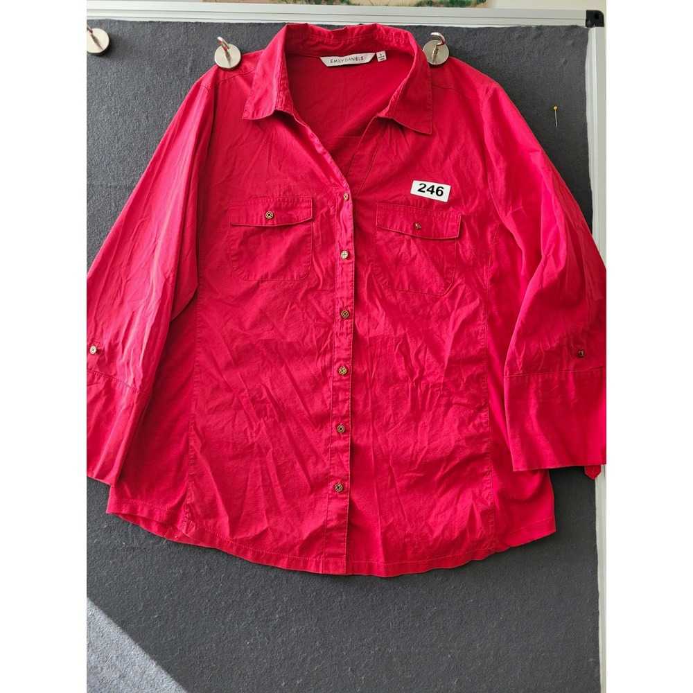 Emily Daniels Pink Button-Up Shirt Womens L Collared Long Sleeve Stretch Sides